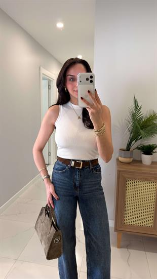 Jina Ekru Sıfır Kol Fitilli Simli Bluz