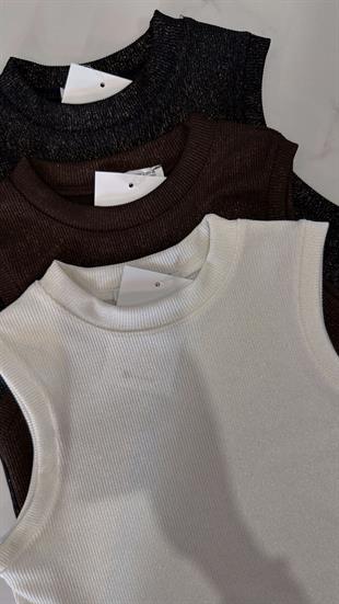 Jina Kahve Sıfır Kol Fitilli Simli Bluz