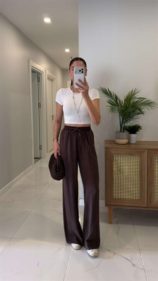 Jisna Kahve Bel Bağlamalı Tensel Pantolon