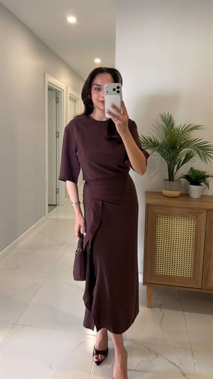 Jonde Bordo Drapeli Midi Elbise