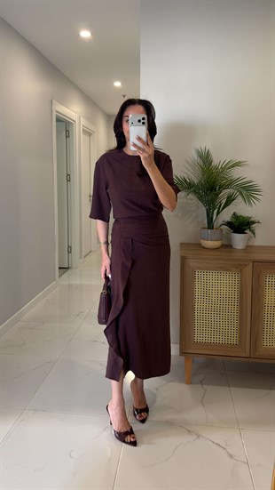 Jonde Bordo Drapeli Midi Elbise