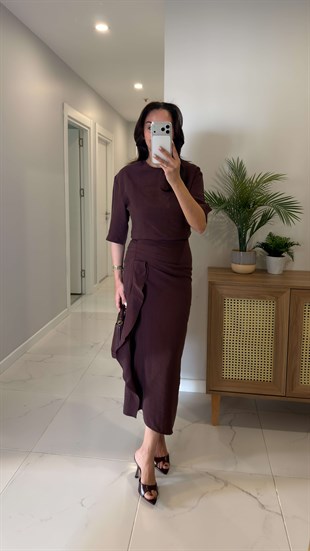 Jonde Bordo Drapeli Midi Elbise