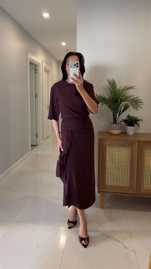 Jonde Bordo Drapeli Midi Elbise