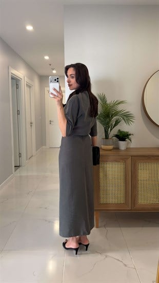 Jonde Gri Drapeli Midi Elbise