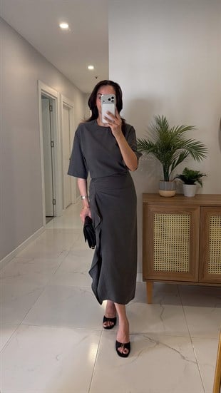 Jonde Gri Drapeli Midi Elbise