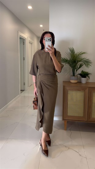 Jonde Haki Drapeli Midi Elbise