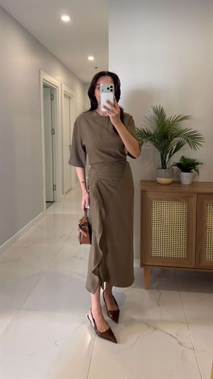 Jonde Haki Drapeli Midi Elbise