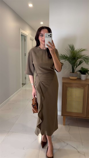 Jonde Haki Drapeli Midi Elbise