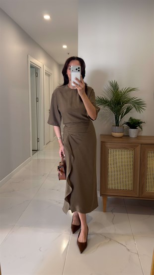 Jonde Haki Drapeli Midi Elbise