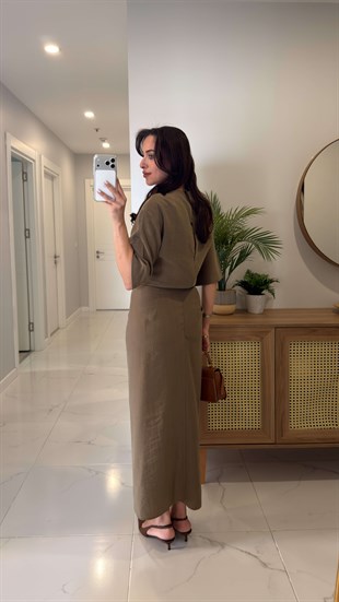 Jonde Haki Drapeli Midi Elbise