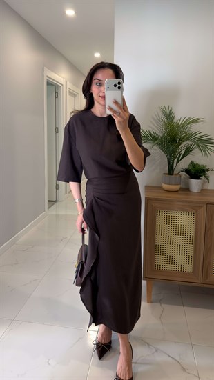 Jonde Kahve Drapeli Midi Elbise