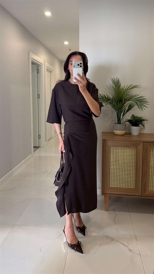 Jonde Kahve Drapeli Midi Elbise