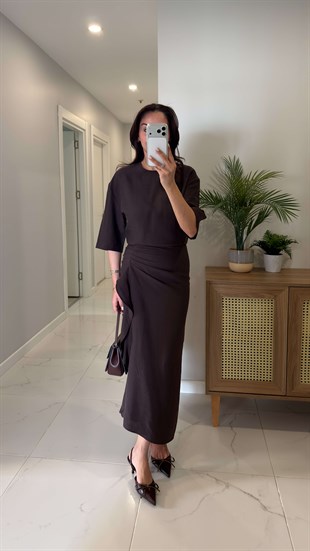 Jonde Kahve Drapeli Midi Elbise