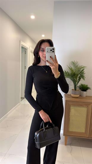 Joni Siyah Bel Detaylı Bluz Pantolon Takım