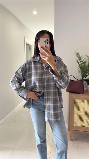 Jonlas Gri Ekru Ekoseli Gömlek