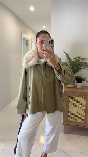 Joosa Haki Kürk Yaka Detaylı Trençkot