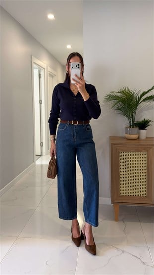 Joset Lacivert Kemerli Mom Jean