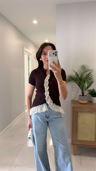 Josle Kahve Kısa Kollu Dantelli Hırka