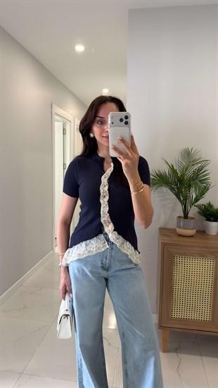 Josle Lacivert Kısa Kollu Dantelli Hırka
