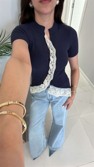 Josle Lacivert Kısa Kollu Dantelli Hırka