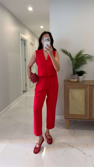 Joylie Kırmızı Mavi Çıtçıt Düğme Detaylı Keten Takım