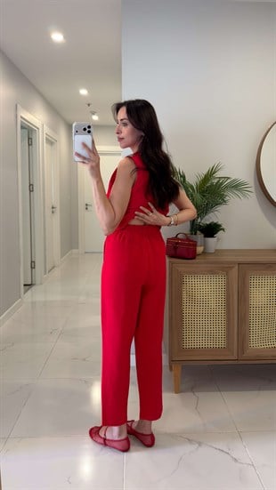 Joylie Kırmızı Mavi Çıtçıt Düğme Detaylı Keten Takım