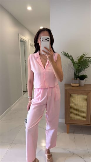Joylie Pembe Çıtçıt Düğme Detaylı Keten Takım
