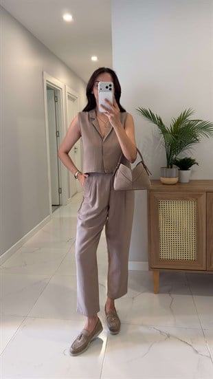 Joylie Vizon Mavi Çıtçıt Düğme Detaylı Keten Takım