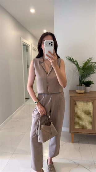 Joylie Vizon Mavi Çıtçıt Düğme Detaylı Keten Takım
