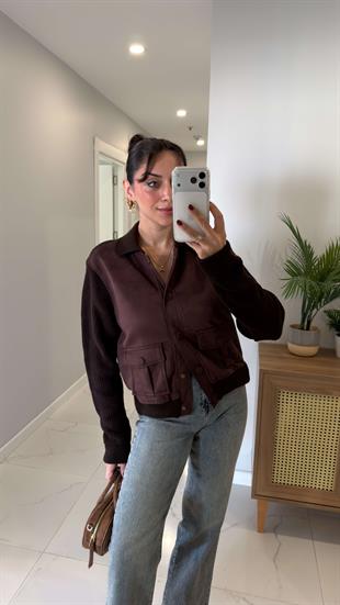 Jufres Kahve Premium Garnili Triko Detaylı Ceket