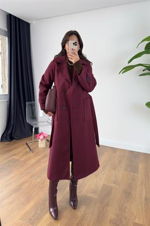 Julena Bordo Torba Cep Detaylı Kuşaklı Kaban