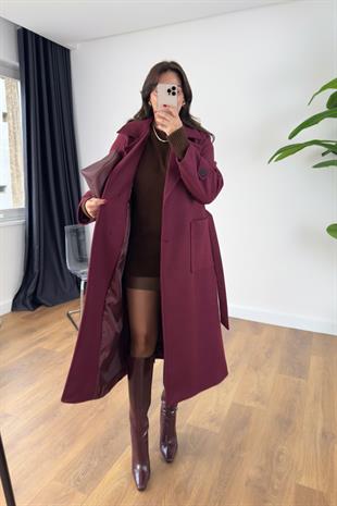 Julena Bordo Torba Cep Detaylı Kuşaklı Kaban