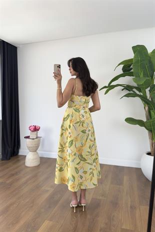 Julia Sarı Çiçek Desenli Düğme Detaylı Büstiyer Etek Takım