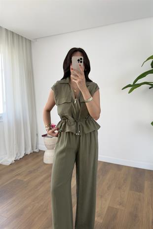 July Haki Kendinden Bağlamalı Fermuarlı Bluz Pantolon Takım
