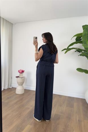 July Lacivert Kendinden Bağlamalı Fermuarlı Bluz Pantolon Takım