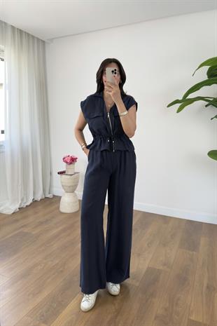 July Lacivert Kendinden Bağlamalı Fermuarlı Bluz Pantolon Takım