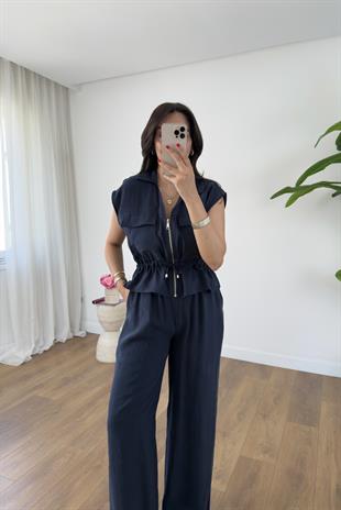 July Lacivert Kendinden Bağlamalı Fermuarlı Bluz Pantolon Takım