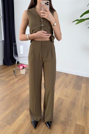 Junika Olive Beli Lastikli Pantolon Yelekli Takım