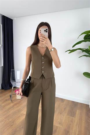 Junika Olive Beli Lastikli Pantolon Yelekli Takım