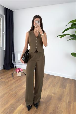Junika Olive Beli Lastikli Pantolon Yelekli Takım
