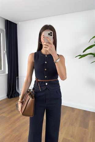 Jusla Dark Blue Denim ipli Yelek Pantolon Takım