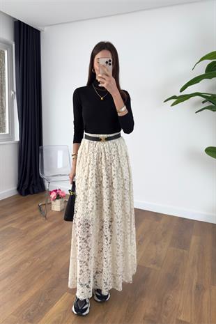 Jusla Ekru Dantelli Maxi Etek
