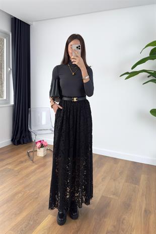 Jusla Siyah Dantelli Maxi Etek