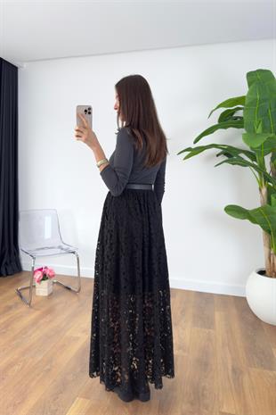 Jusla Siyah Dantelli Maxi Etek