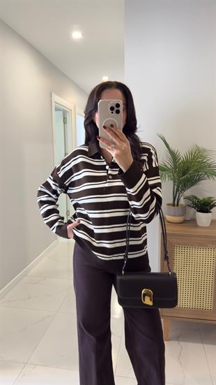 Juss Koyu Kahve Krem Çizgili Polo Yaka Triko