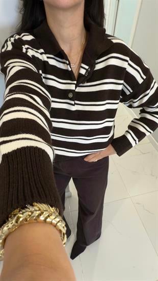 Juss Koyu Kahve Krem Çizgili Polo Yaka Triko