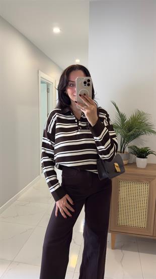 Juss Koyu Kahve Krem Çizgili Polo Yaka Triko