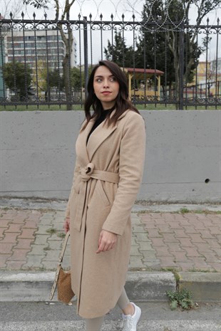 Bej Kuşaklı Kaşe Kaban