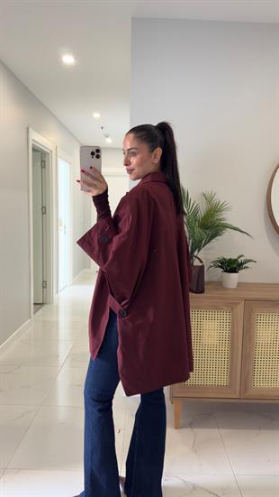 Kamaria Bordo Düğme Detaylı Trençkot