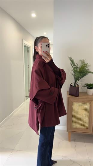 Kamaria Bordo Düğme Detaylı Trençkot